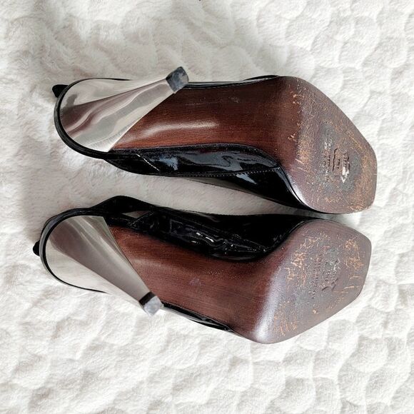 Stuart Weitzman slingback peeptoe heels two tone silver black pumps 7.5 - Picture 7 of 8
